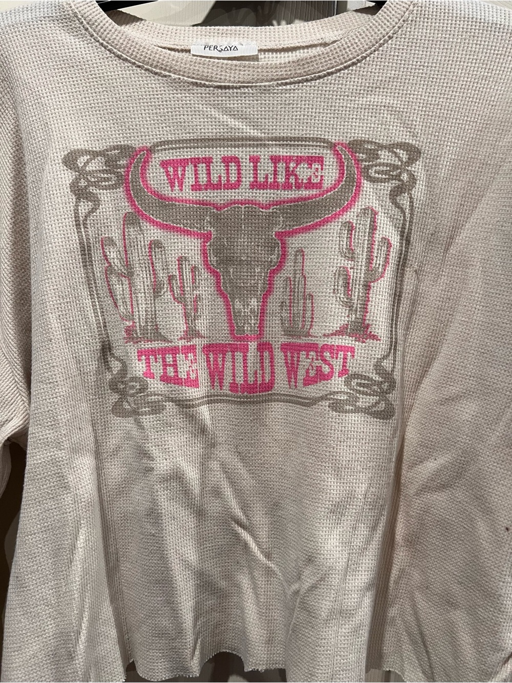 Persaya Cream Waffle Long Sleeve Top with Pink Western Graphic